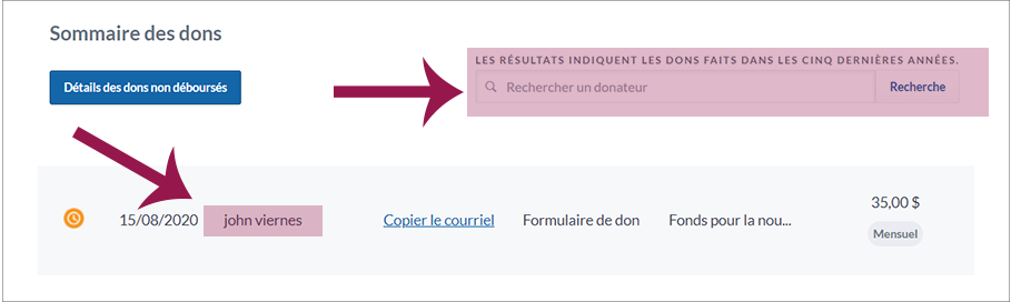 French image showing search bar and donor name highlighted on the charity Donation Summary page.