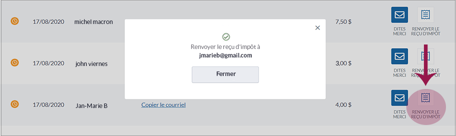 French image showing confirmation notification of receipt sent.