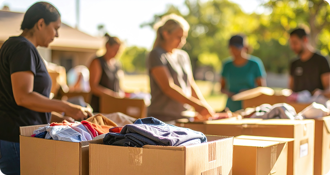 Volunteers sorting clothing donations