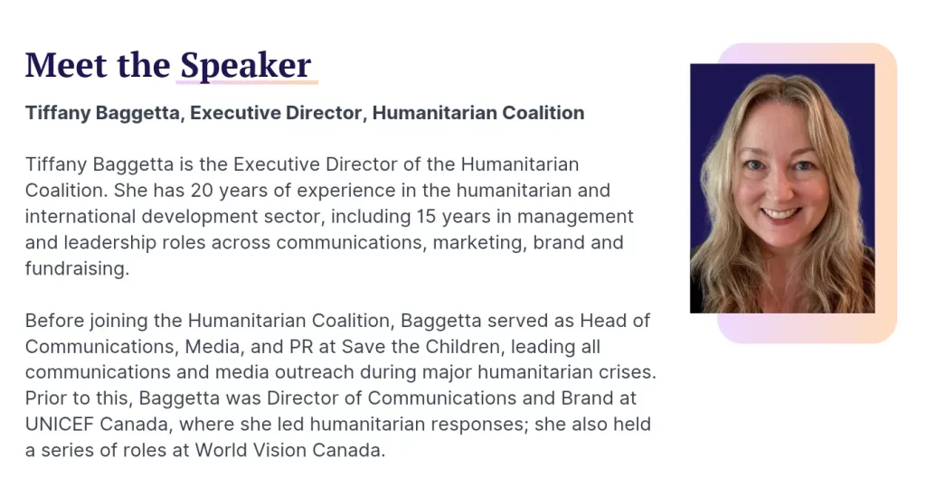 smiling headshot of Tiffany Baggetta, Executive Director, Humanitarian Coalition